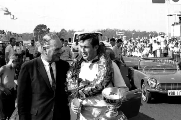 Sir Jackie Stewart and Premier Eric Reece shortly after Jackie had won the Tasman Cup, 1966