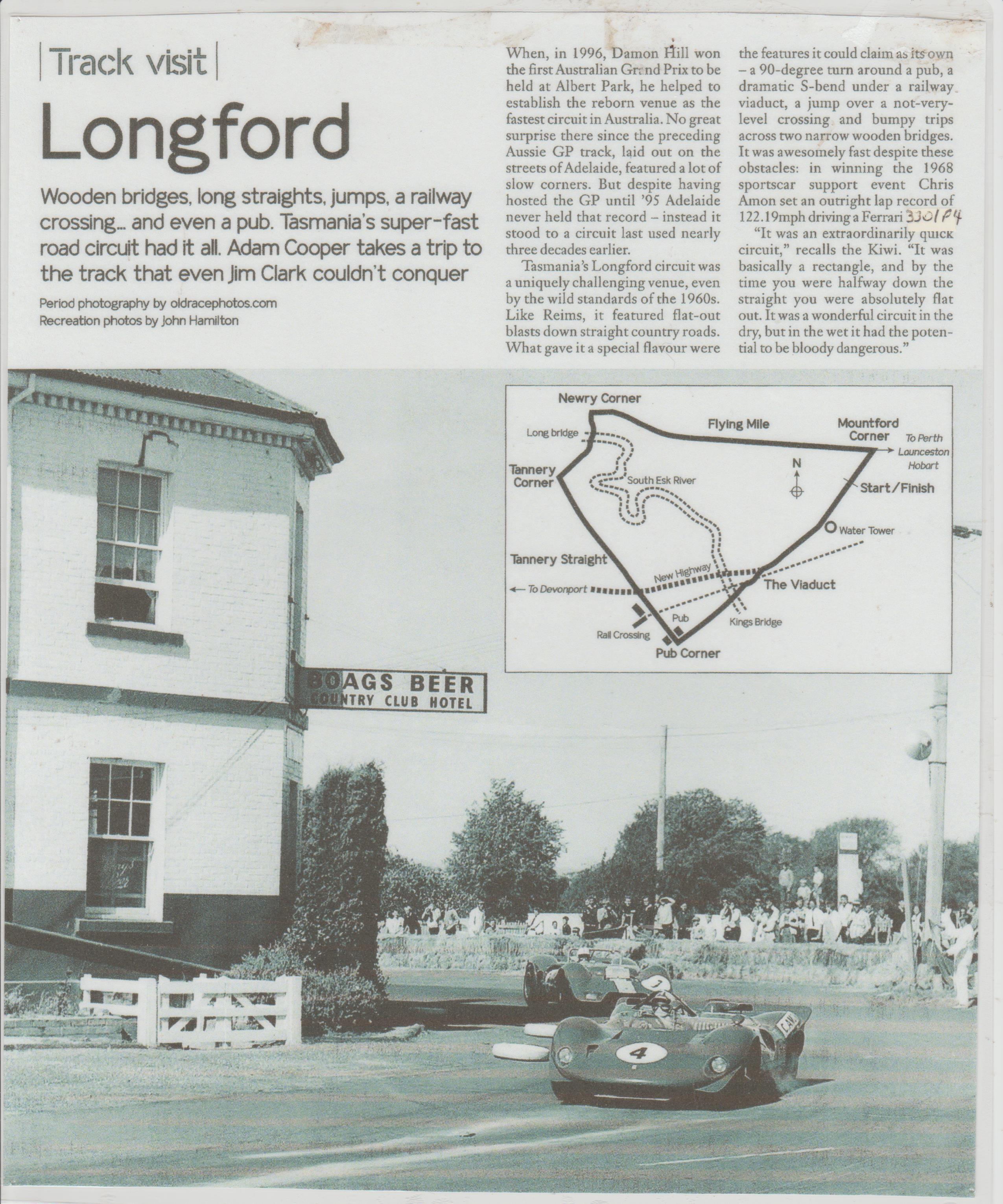 Track visit write up. showing Amon's 330P4 Ferrari at Pub Corner, March 2nd, 1968.